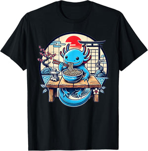 Kawaii Axolotl Eating Ramen Noodles Japanese T-Shirt - T-Shirt | Black