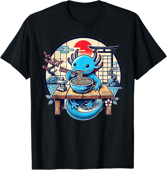 Kawaii Axolotl Eating Ramen Noodles Japanese T-Shirt - T-Shirt | Black