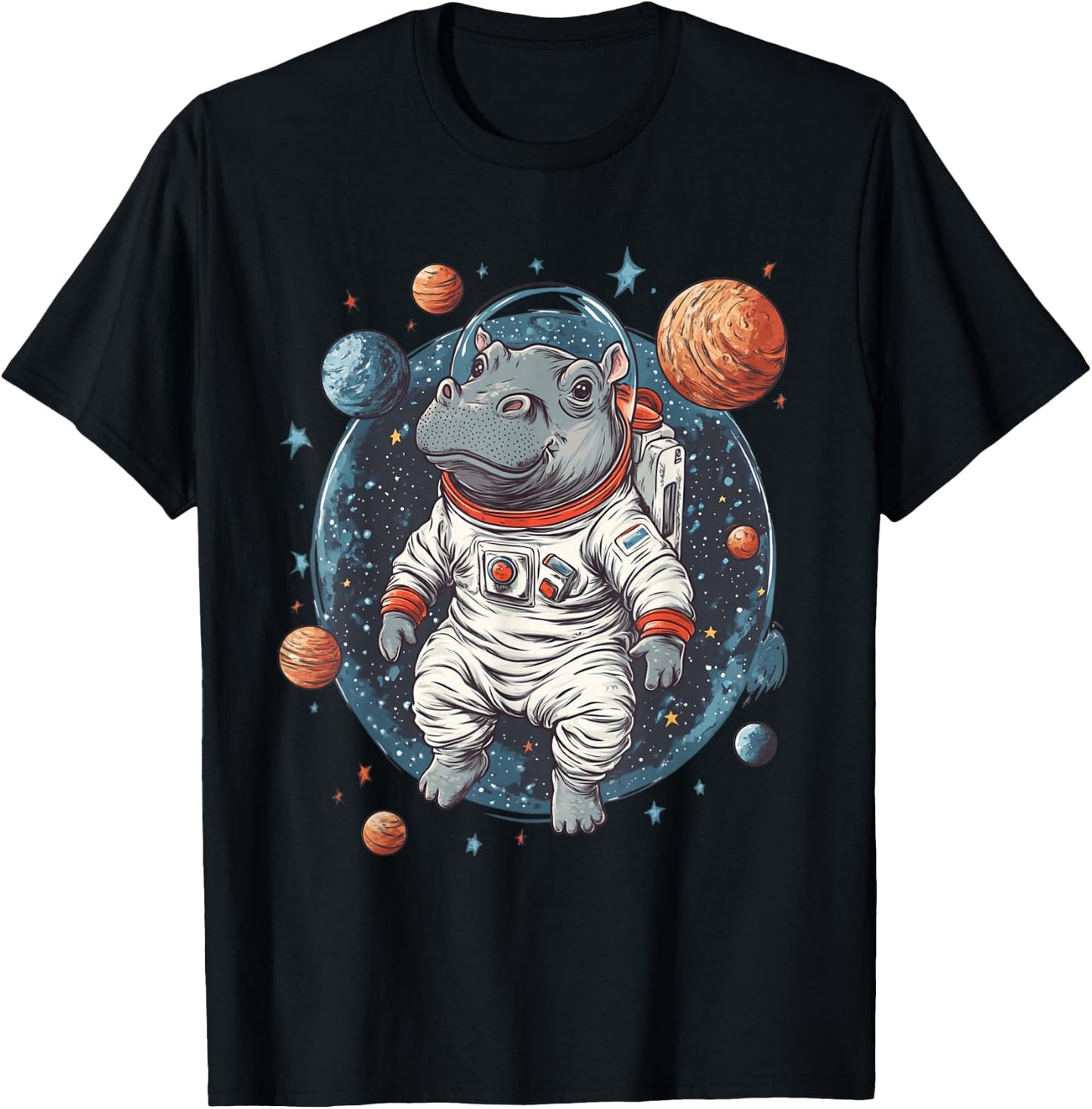 Funny Hippo In Space Planets Hippopotamus T-Shirt - T-Shirt | Black