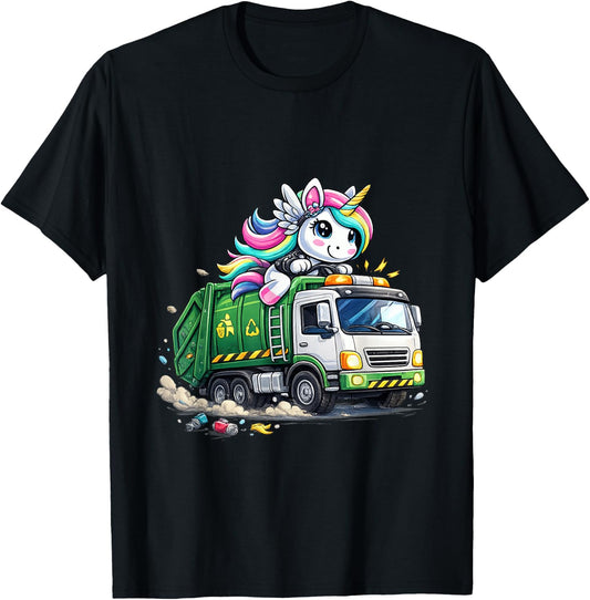 Unicorn Riding Garbage Truck Funny Rainbow T-Shirt - T-Shirt | Black