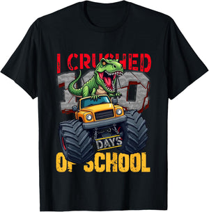Kids I Crushed 100 Days of School Toddler Dinosaur Monster Truck T-Shirt - T-Shirt | Black
