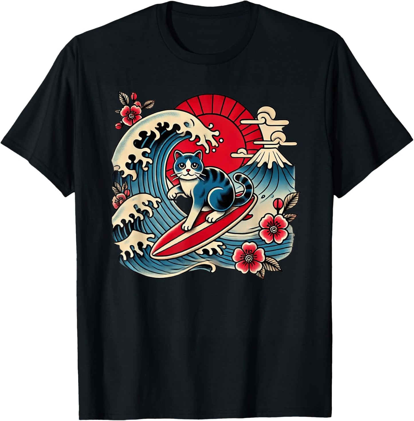 Pet Lover Mt. Fuji Sunset Japanese Wave Art Surfing Cat T-Shirt - T-Shirt | Black