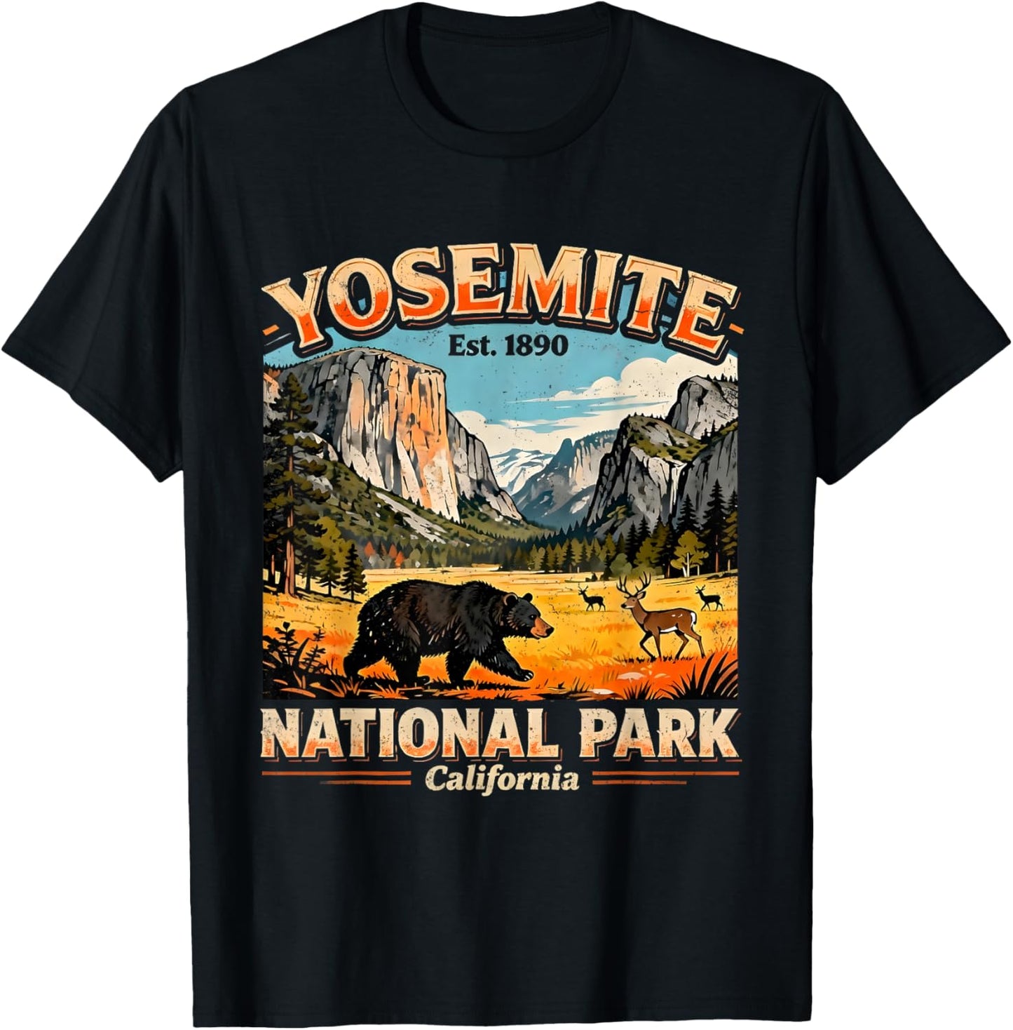 Vintage Yosemite National Park California Nature Hiking T-Shirt - T-Shirt | Black