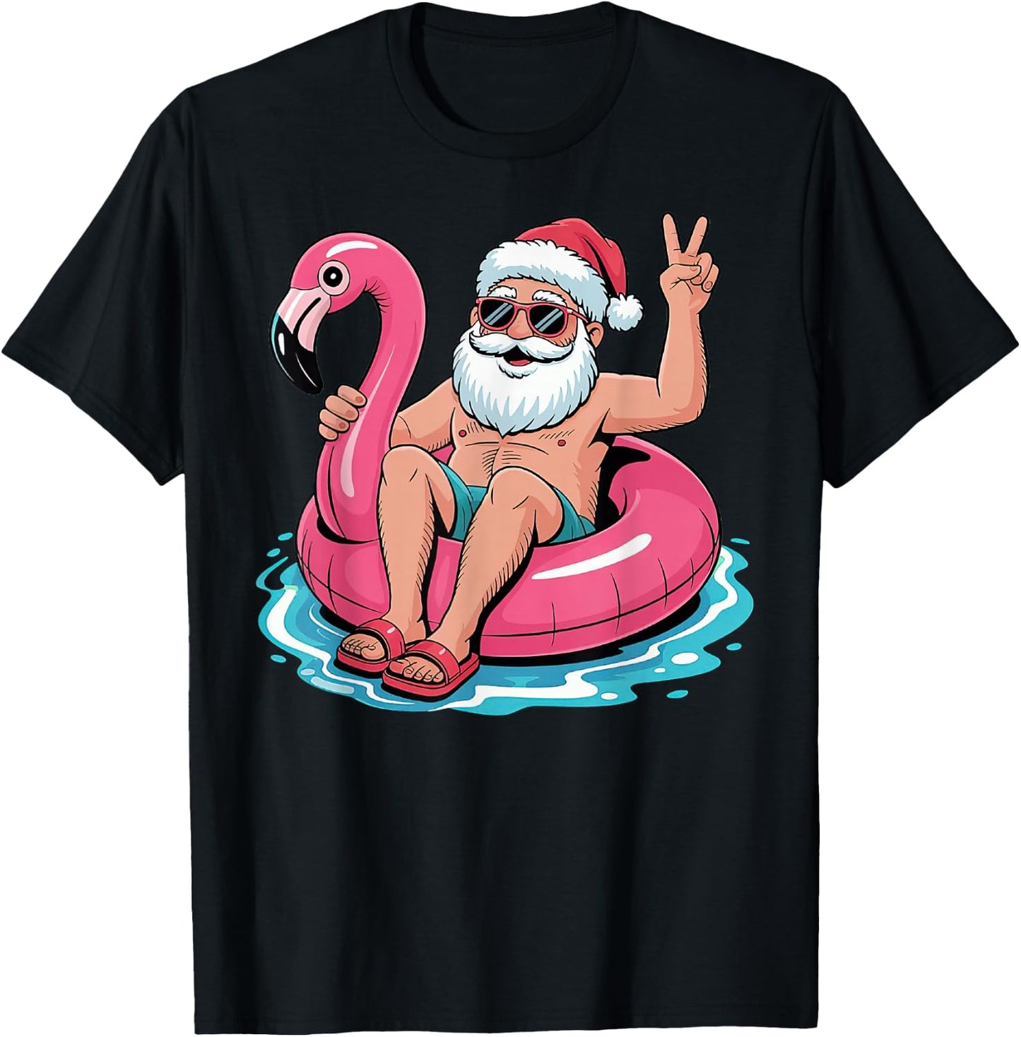 Christmas In July Santa Flamingo Summer Xmas T-Shirt - T-Shirt | Black