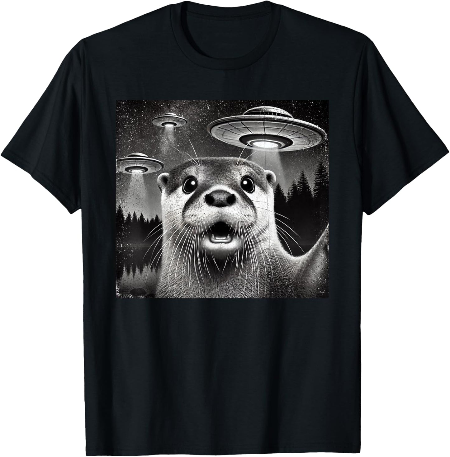 Funny otter Selfie with Alien UFO otters and alien lovers T-Shirt - T-Shirt | Black