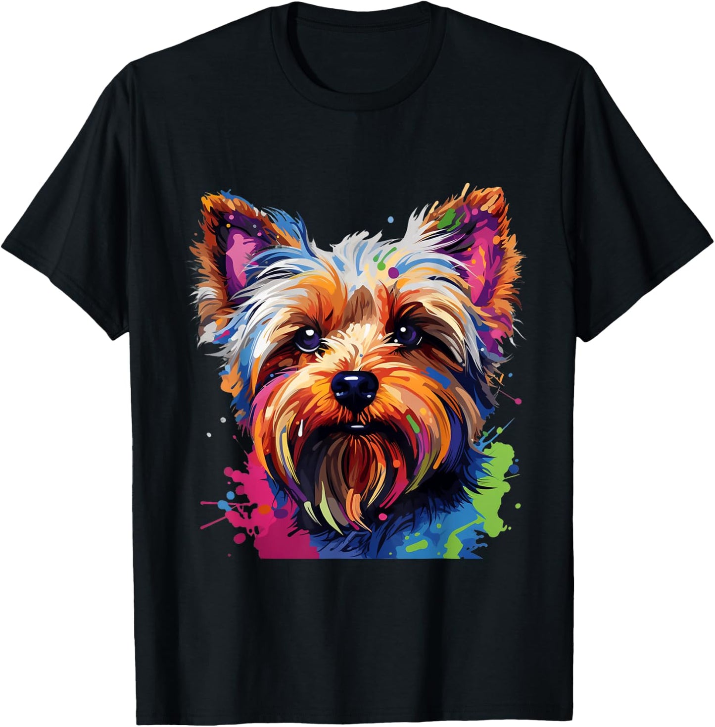 Cool Colorful Yorkshire Terrier Portrait Graphic T-Shirt - T-Shirt | Black