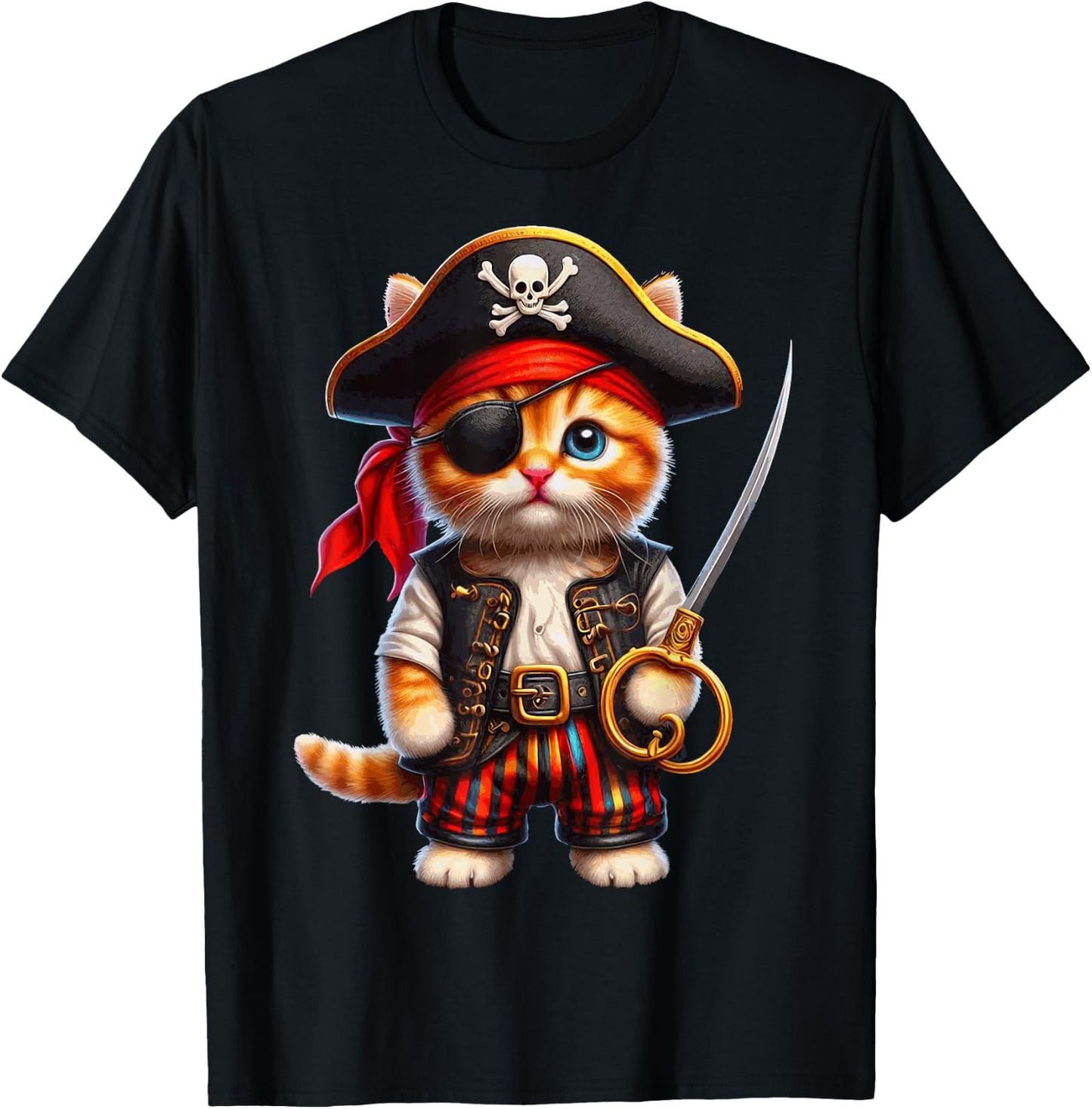 Pirate Kitten Playful Cat Vibrant Cute Kitty Sword Fun Art T-Shirt - T-Shirt | Black