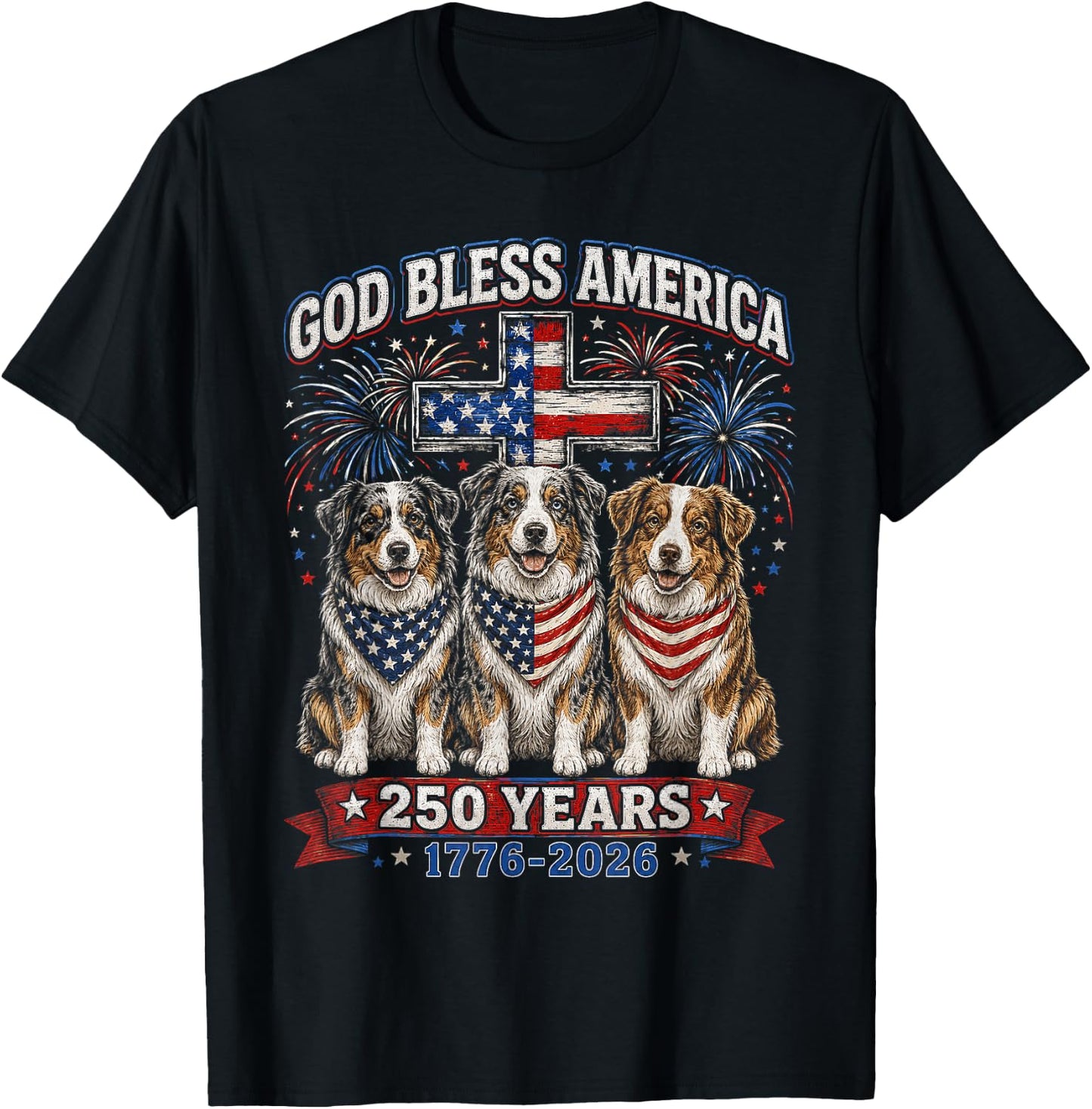 250 Years America Australian Shepherd Dog USA 4th of July T-Shirt - T-Shirt | Black