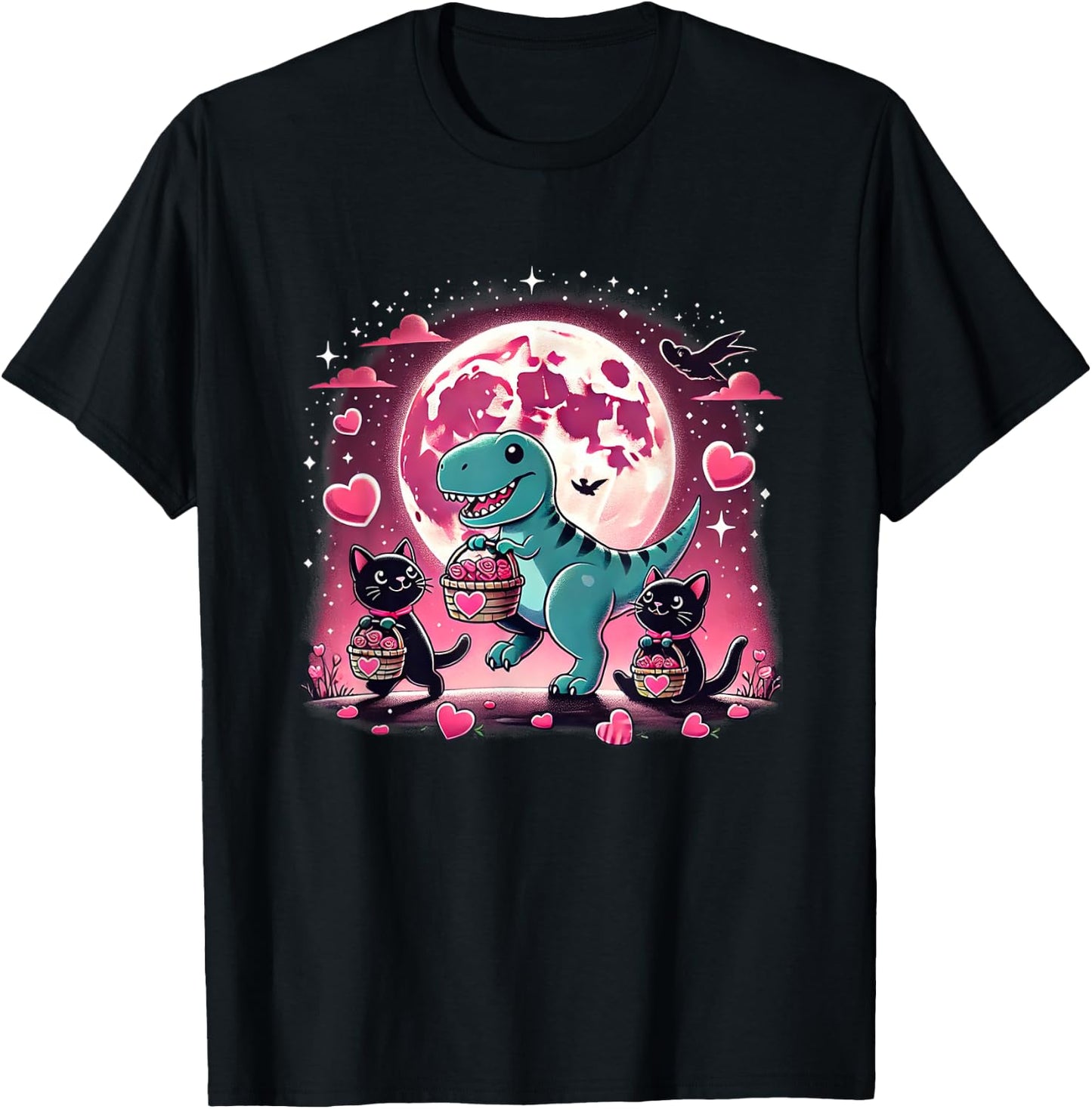 Funny Cats and Dino Valentine’s T-Rex Hearts T-Shirt - T-Shirt | Black