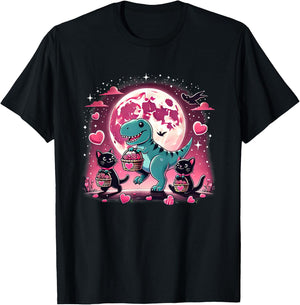 Funny Cats and Dino Valentine’s T-Rex Hearts T-Shirt - T-Shirt | Black