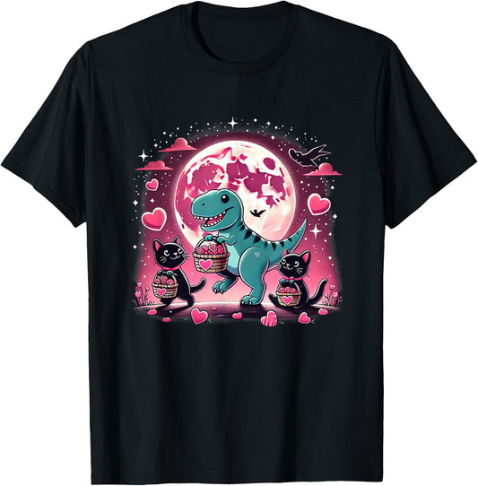 Funny Cats and Dino Valentine’s T-Rex Hearts T-Shirt - T-Shirt | Black