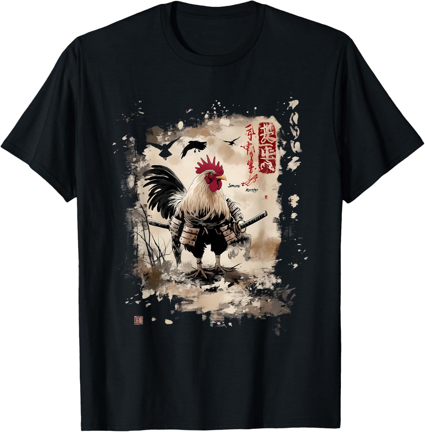 Samurai Rooster Warrior Vintage Japanese Anime Funny T-Shirt - T-Shirt | Black