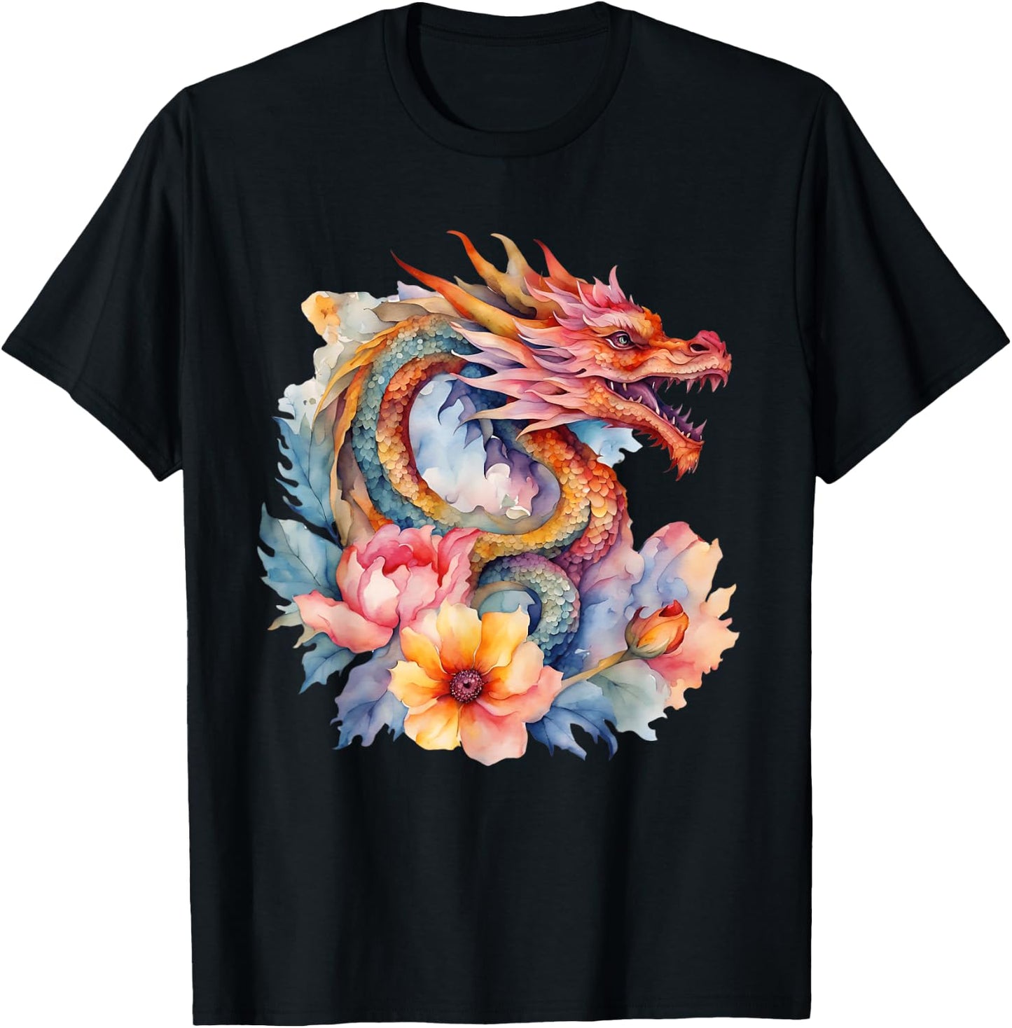 Watercolor Dragon Flowers Beautiful Art Colorful Graphic T-Shirt - T-Shirt | Black
