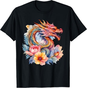 Watercolor Dragon Flowers Beautiful Art Colorful Graphic T-Shirt - T-Shirt | Black
