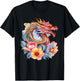 Watercolor Dragon Flowers Beautiful Art Colorful Graphic T-Shirt - T-Shirt | Black