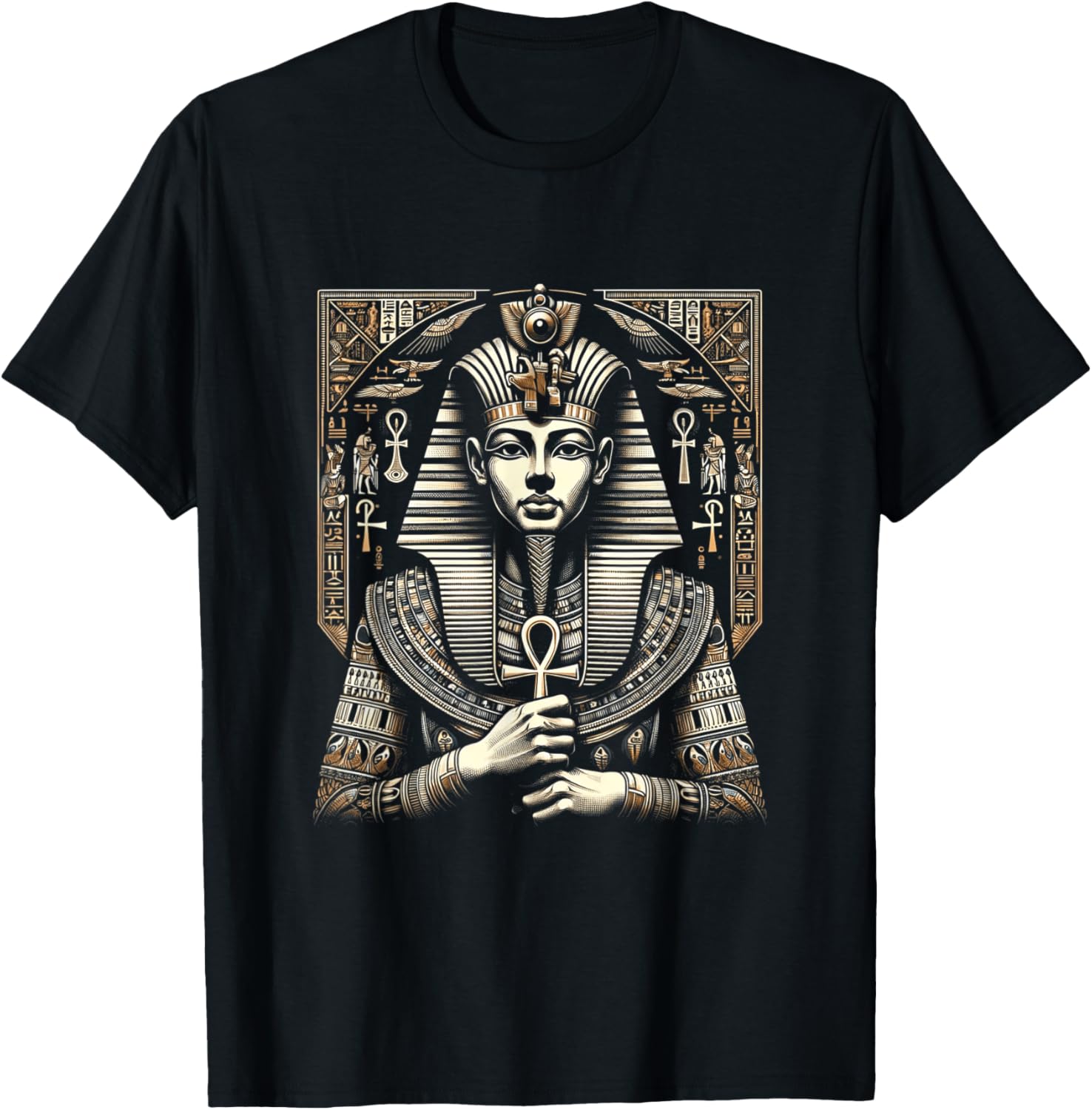 Pharaon égyptien antique avec ankh et coiffe T-Shirt - T-Shirt | Black