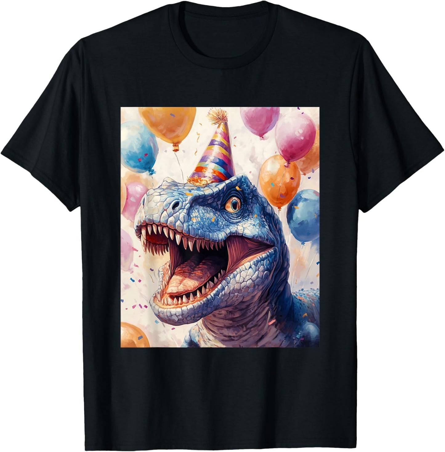 Carnotaurus Dino Retro Art Birthday Balloons Party Hat T-Shirt - T-Shirt | Black