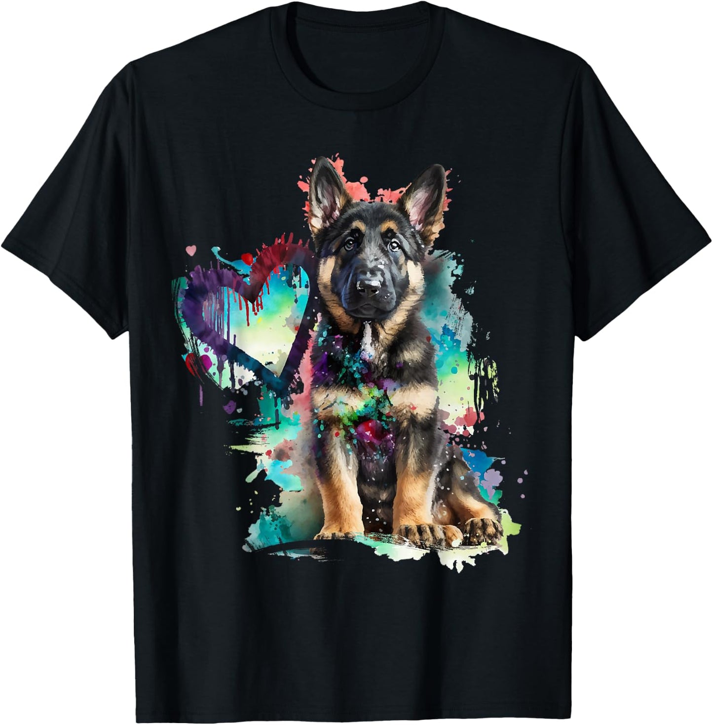 German Shepherd Puppy Mom Lover Watercolor Painting Heart T-Shirt - T-Shirt | Black