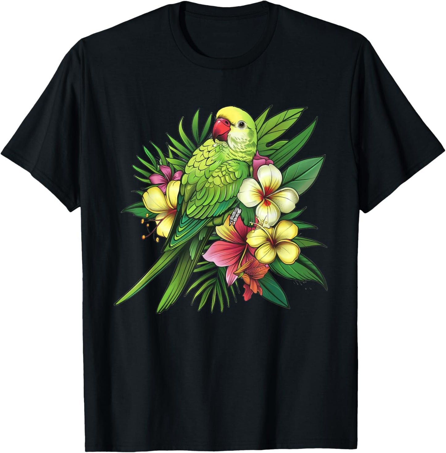 Monk Parakeet With Tropical Flowers T-Shirt - T-Shirt | Black