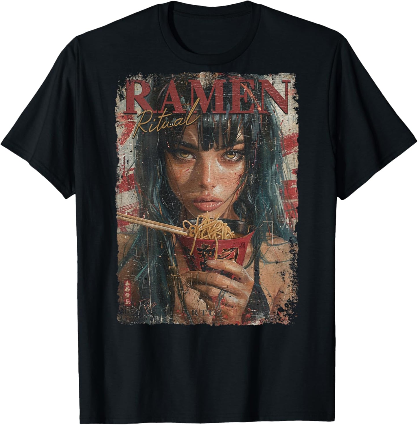 Backprint Pin-up Girl Ramen Noodle Anime Manga Asian Ramen , black T-Shirt - T-Shirt | Black