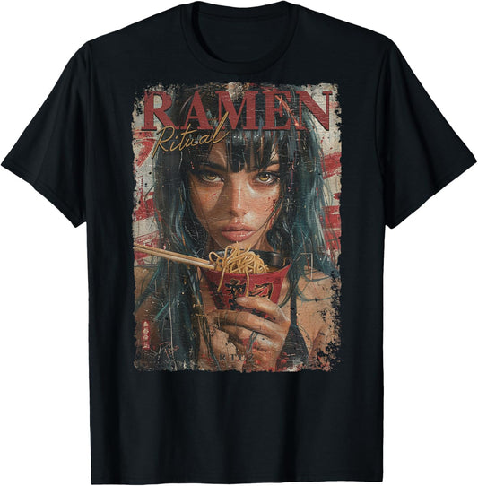 Backprint Pin-up Girl Ramen Noodle Anime Manga Asian Ramen , black T-Shirt - T-Shirt | Black