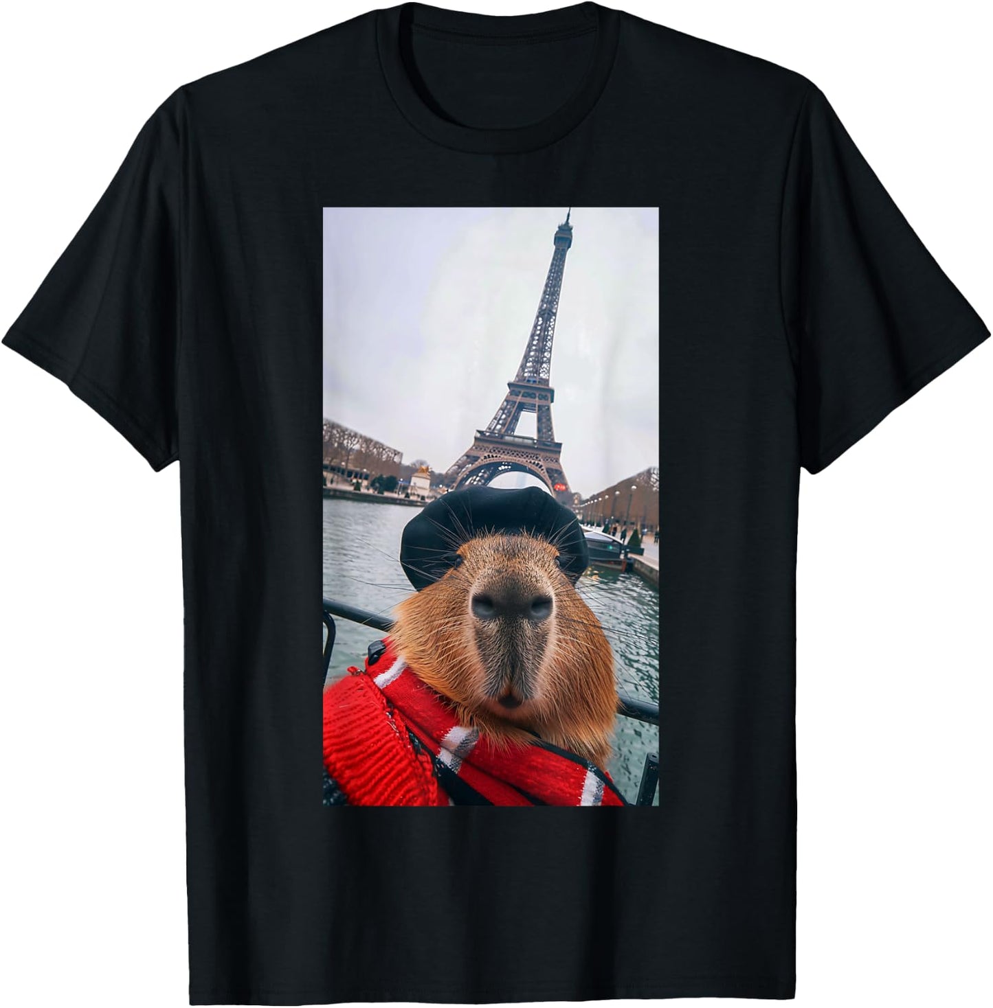 Funny Capybara Selfie Paris Eiffel Tower Fashion Men Women T-Shirt - T-Shirt | Black