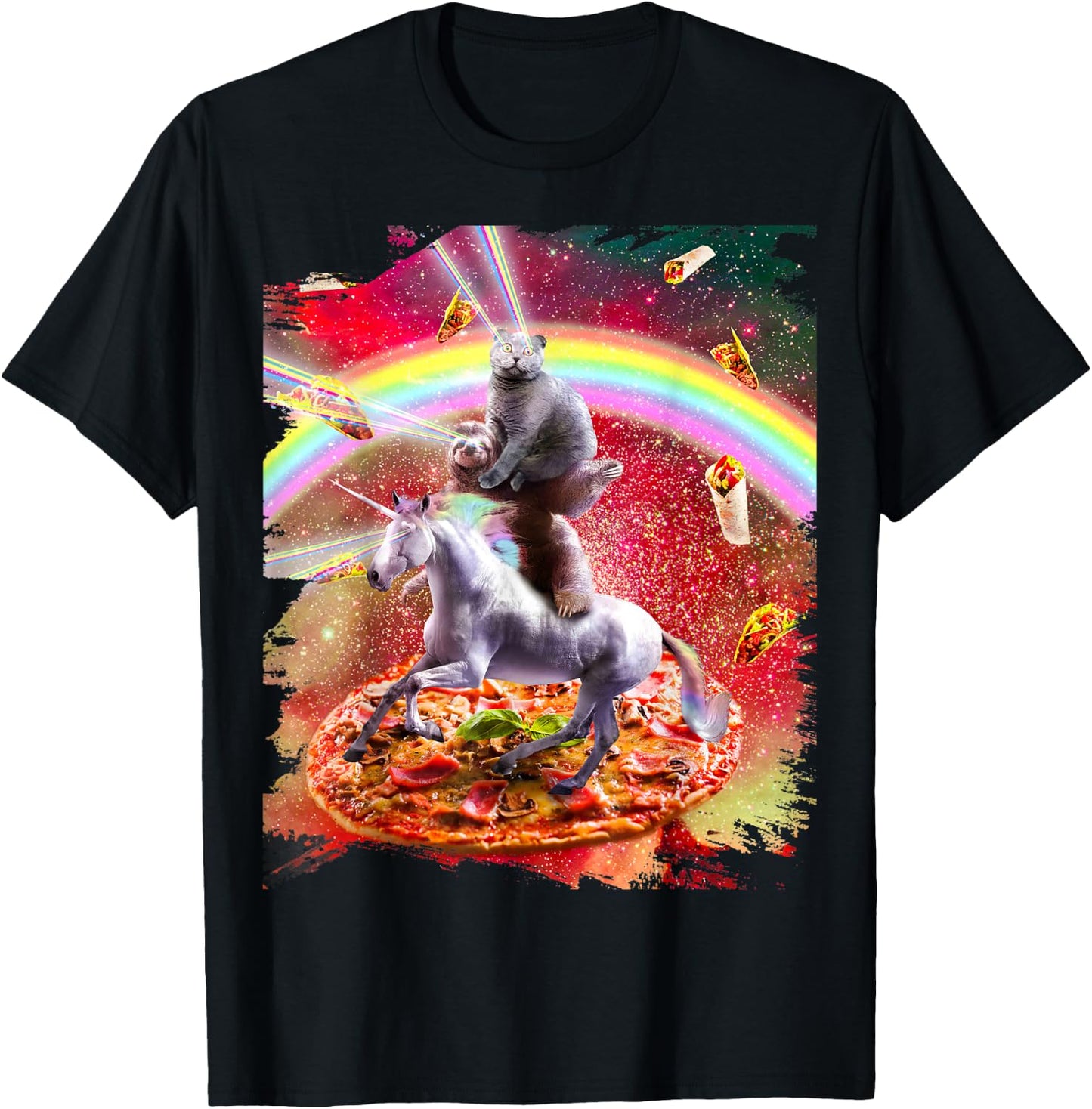 Laser Eyes Space Cat On Sloth Unicorn - Rainbow T-Shirt - T-Shirt | Black