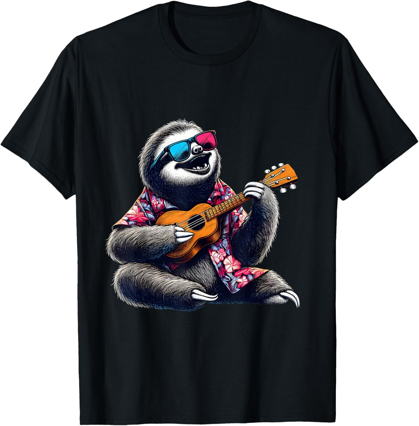 Sloth Wearing a Hawaiian Shirt, Playing a Ukulele T-Shirt - T-Shirt | Black