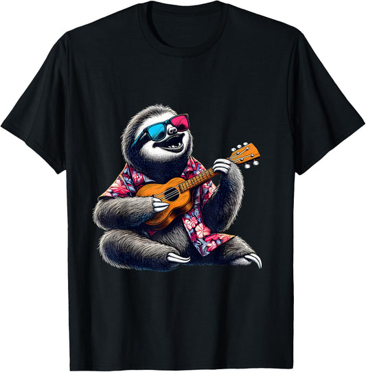 Sloth Wearing a Hawaiian Shirt, Playing a Ukulele T-Shirt - T-Shirt | Black