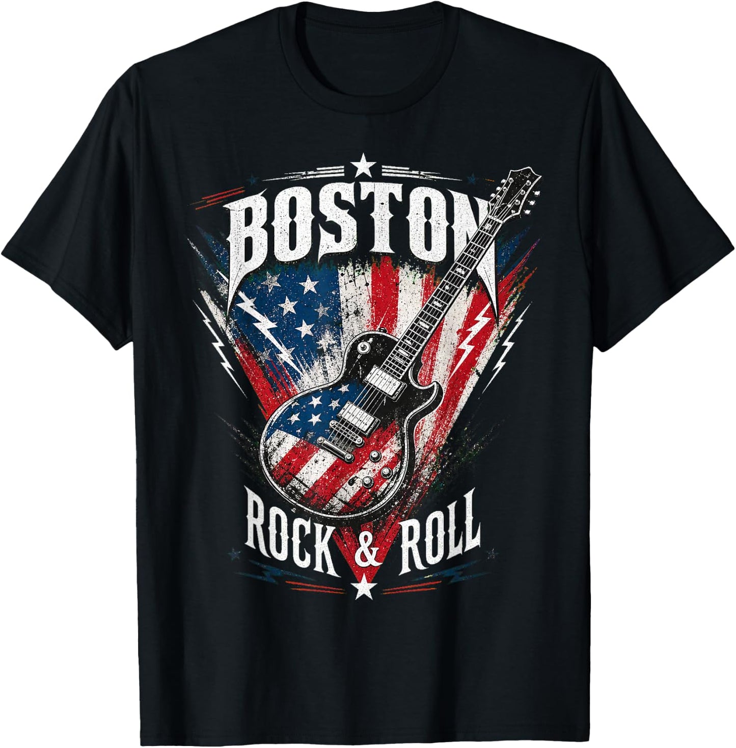 Boston Electric Guitar USA Flag Rock Music Design T-Shirt - T-Shirt | Black