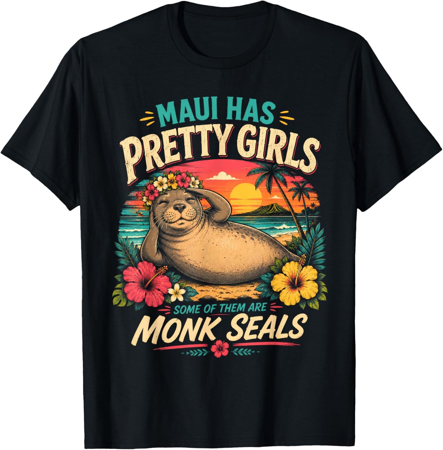 Lani Monk Seal Maui Has Pretty Girls Flower Crown Hawaii T-Shirt - T-Shirt | Black