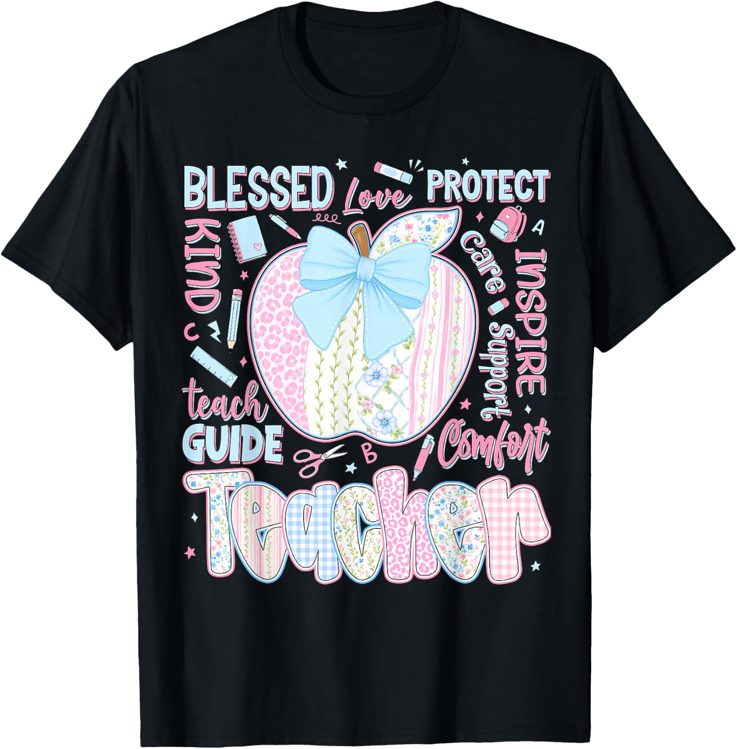 Back to School Teacher Teach Love Inspire Coquette Bow Girls T-Shirt - T-Shirt | Black