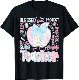 Back to School Teacher Teach Love Inspire Coquette Bow Girls T-Shirt - T-Shirt | Black