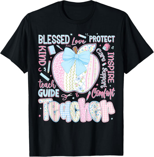 Back to School Teacher Teach Love Inspire Coquette Bow Girls T-Shirt - T-Shirt | Black