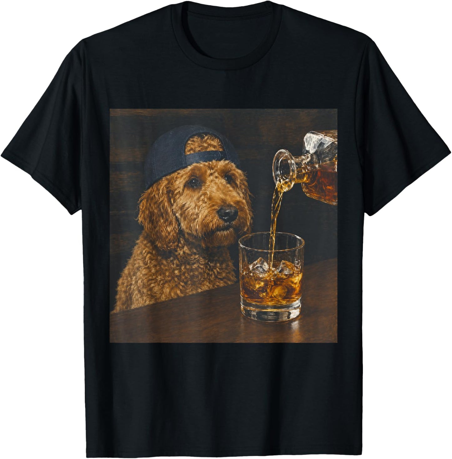 Vintage Goldendoodle Drinking Whiskey Funny Dog Lover T-Shirt - T-Shirt | Black