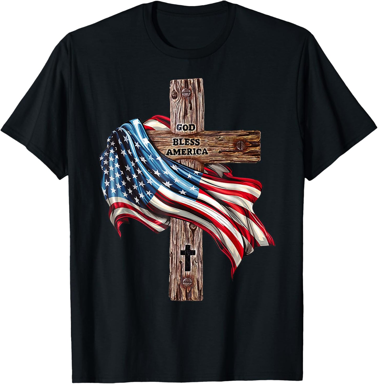 God Bless America Cross American Flag US Patriotic Christian T-Shirt - T-Shirt | Black