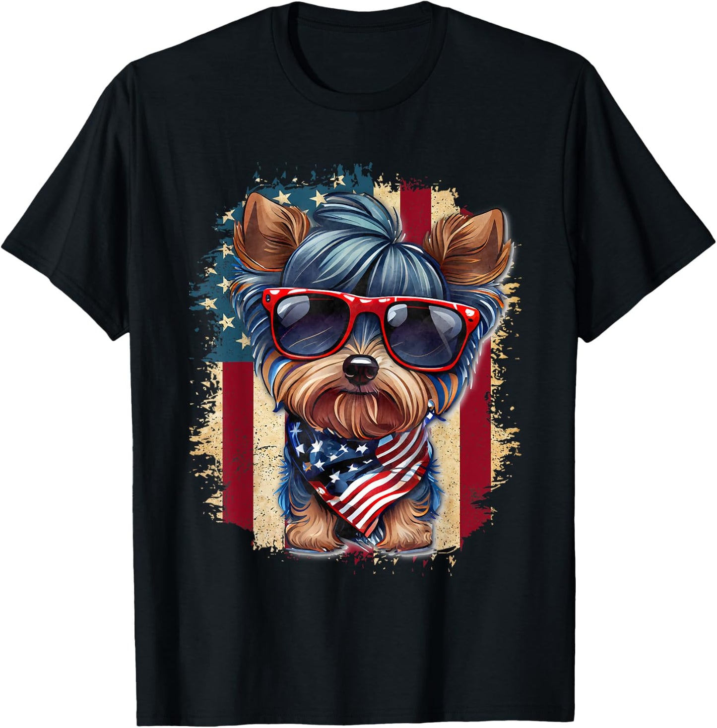 Cute Yorkie Dog Lover July 4th USA Flag Patriotic Merica T-Shirt - T-Shirt | Black