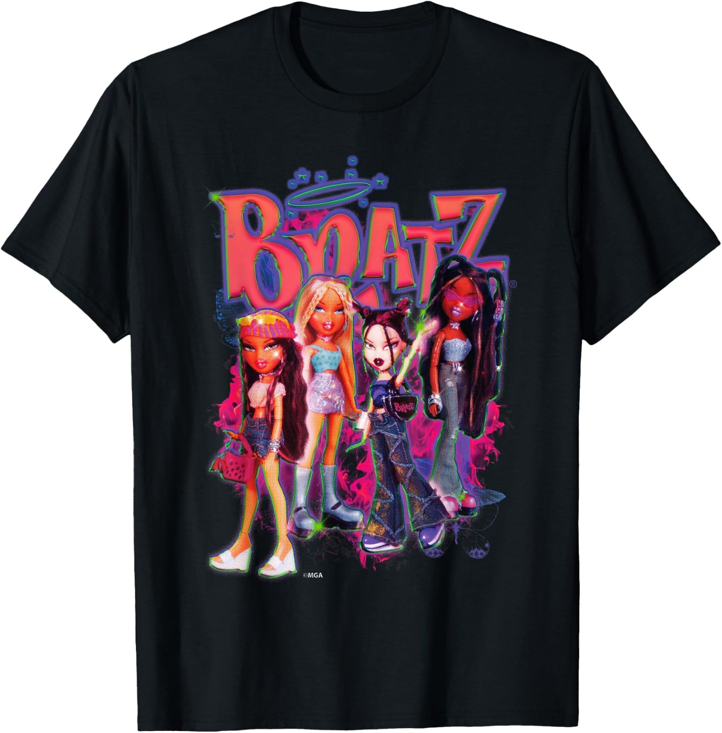Bratz Girls On Neon Pink Fire , Black, S T-Shirt - T-Shirt | Black