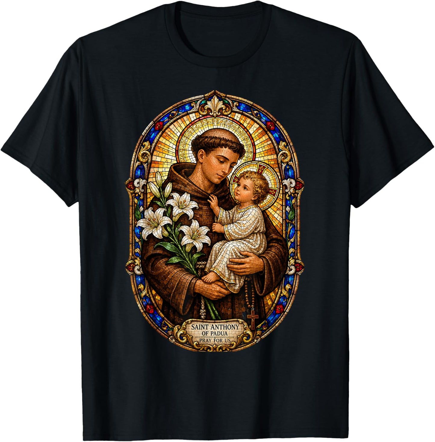 Saint Anthony of Padua Pray for Us Sacred Mosaic Art Faith T-Shirt - T-Shirt | Black