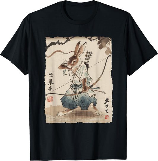 Rabbit Samurai Archer Japanese Ink Art Women Kids T-Shirt - T-Shirt | Black