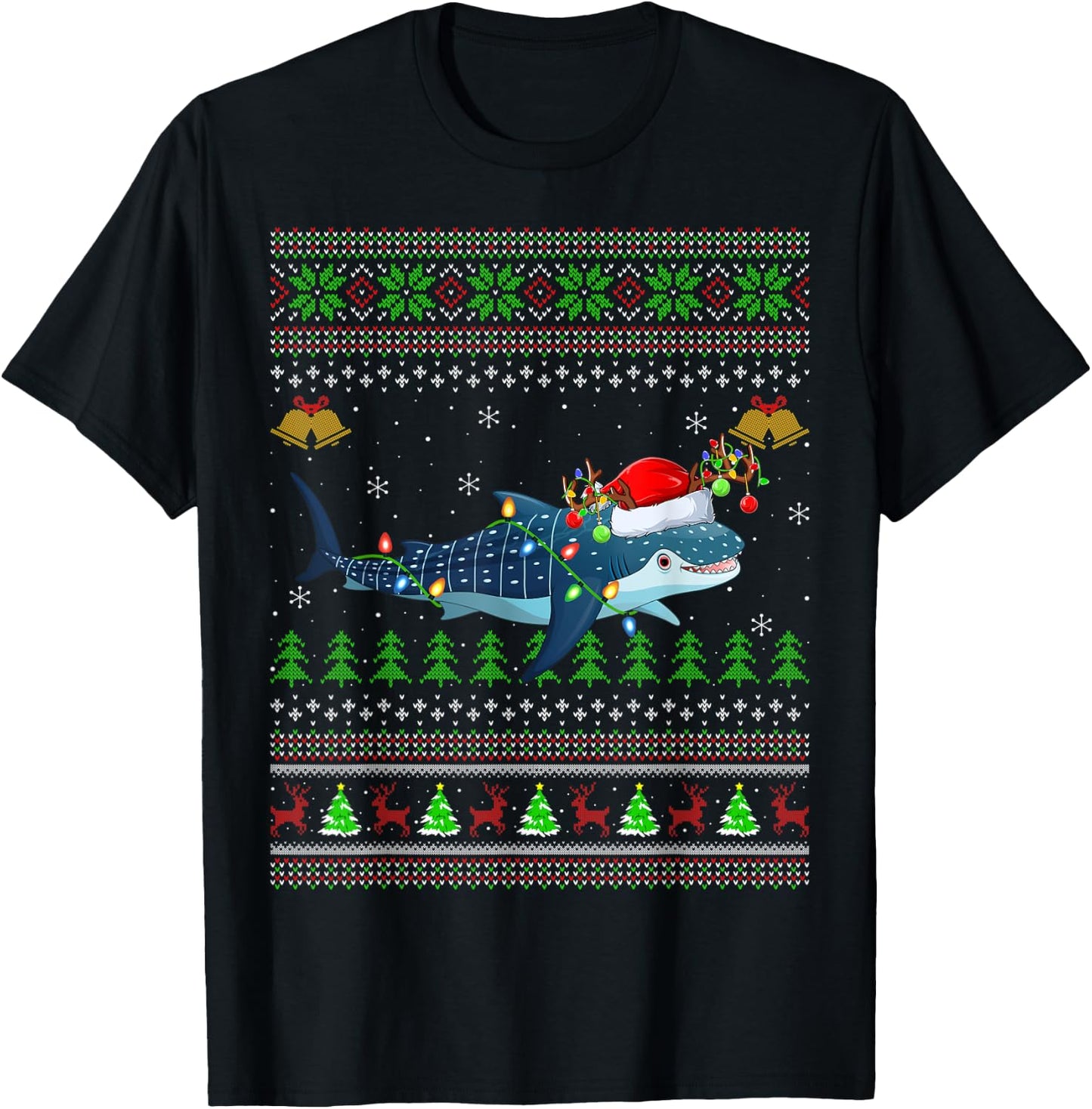 Ugly Whale Shark Xmas Lighting Santa Whale Shark Christmas T-Shirt - T-Shirt | Black