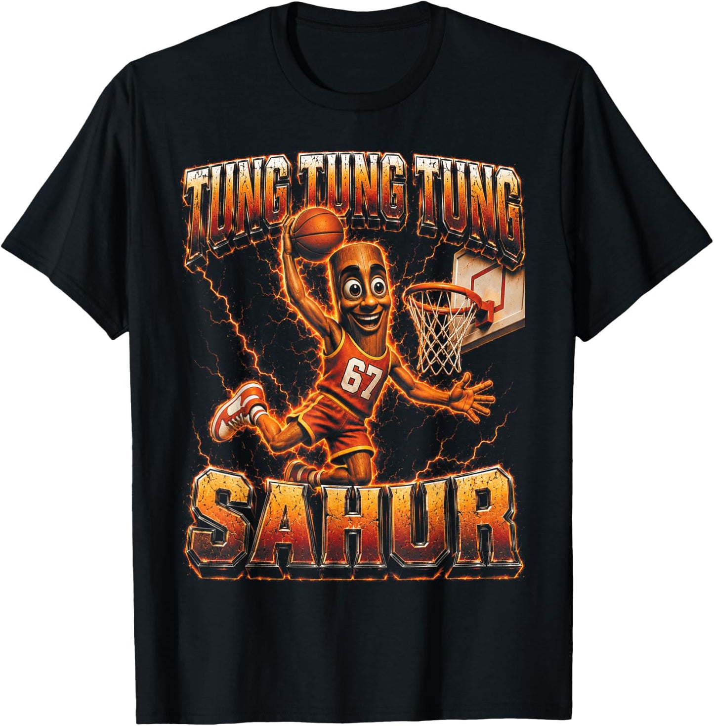 Tung Tung Tung Sahur Basketball Fire Dunk Italian Brainrot T-Shirt - T-Shirt | Black