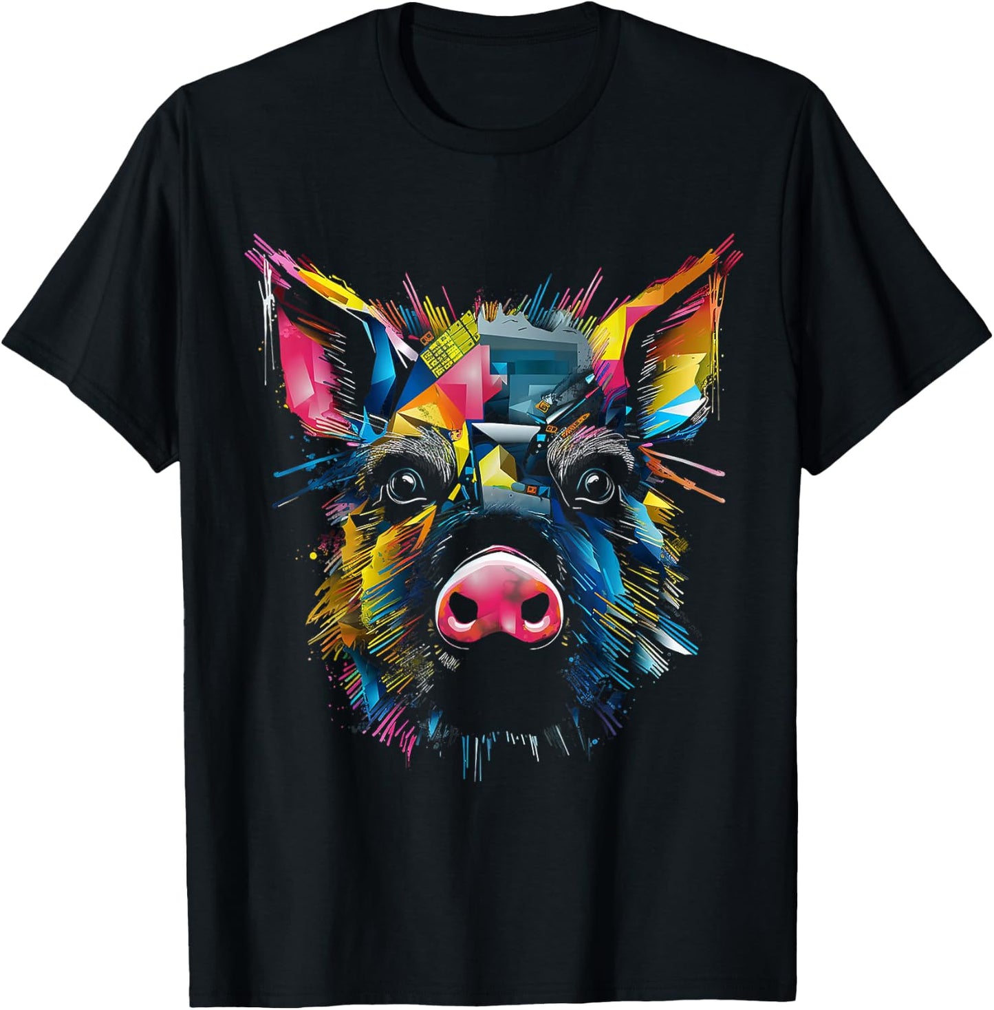 Pig Colorful Geometric Animal Lover Art Graphic Pig T-Shirt - T-Shirt | Black