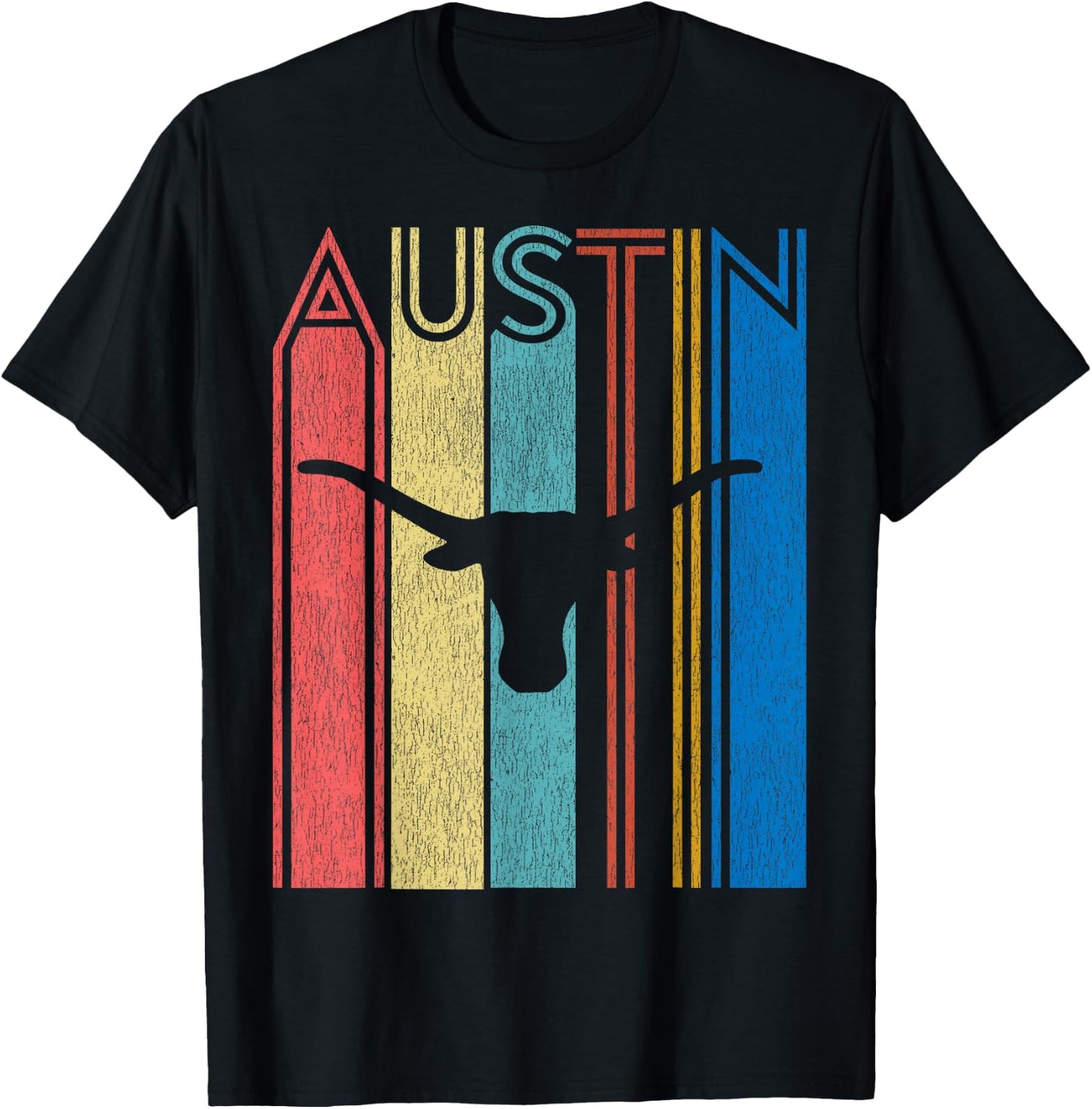 Retro Austin Longhorn Silhouette Skull Vintage Texas T-Shirt - T-Shirt | Black