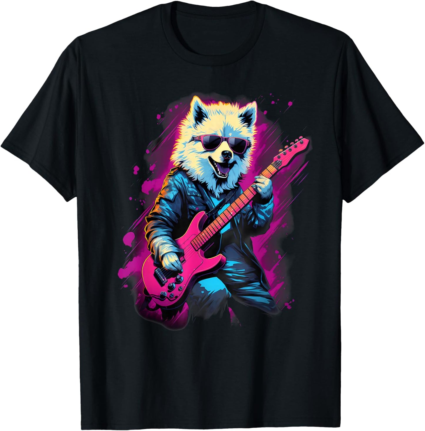 Punk Rock Guitar Samoyed Dog Guitarist T-Shirt - T-Shirt | Black