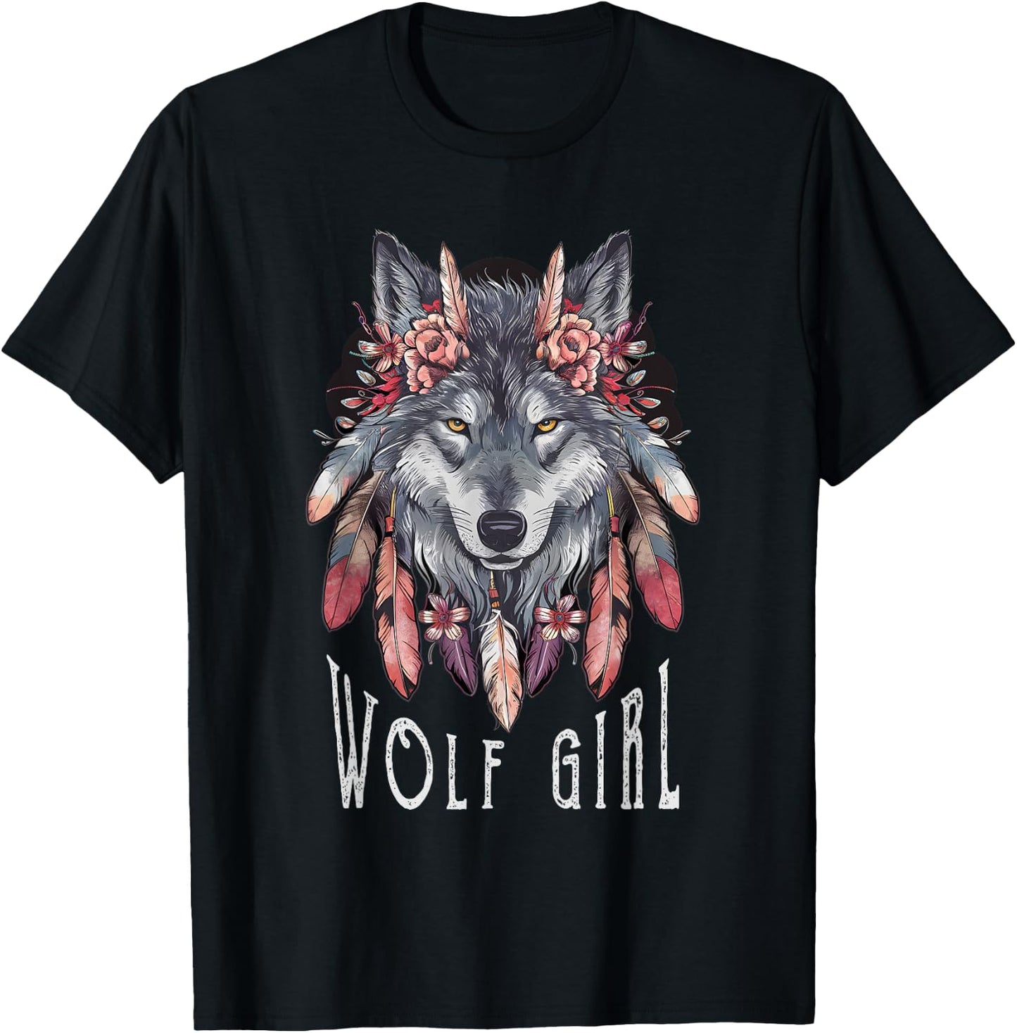 Wolf Girl Loves Wolves Women Children Feathers Floral Wolf , black T-Shirt - T-Shirt | Black