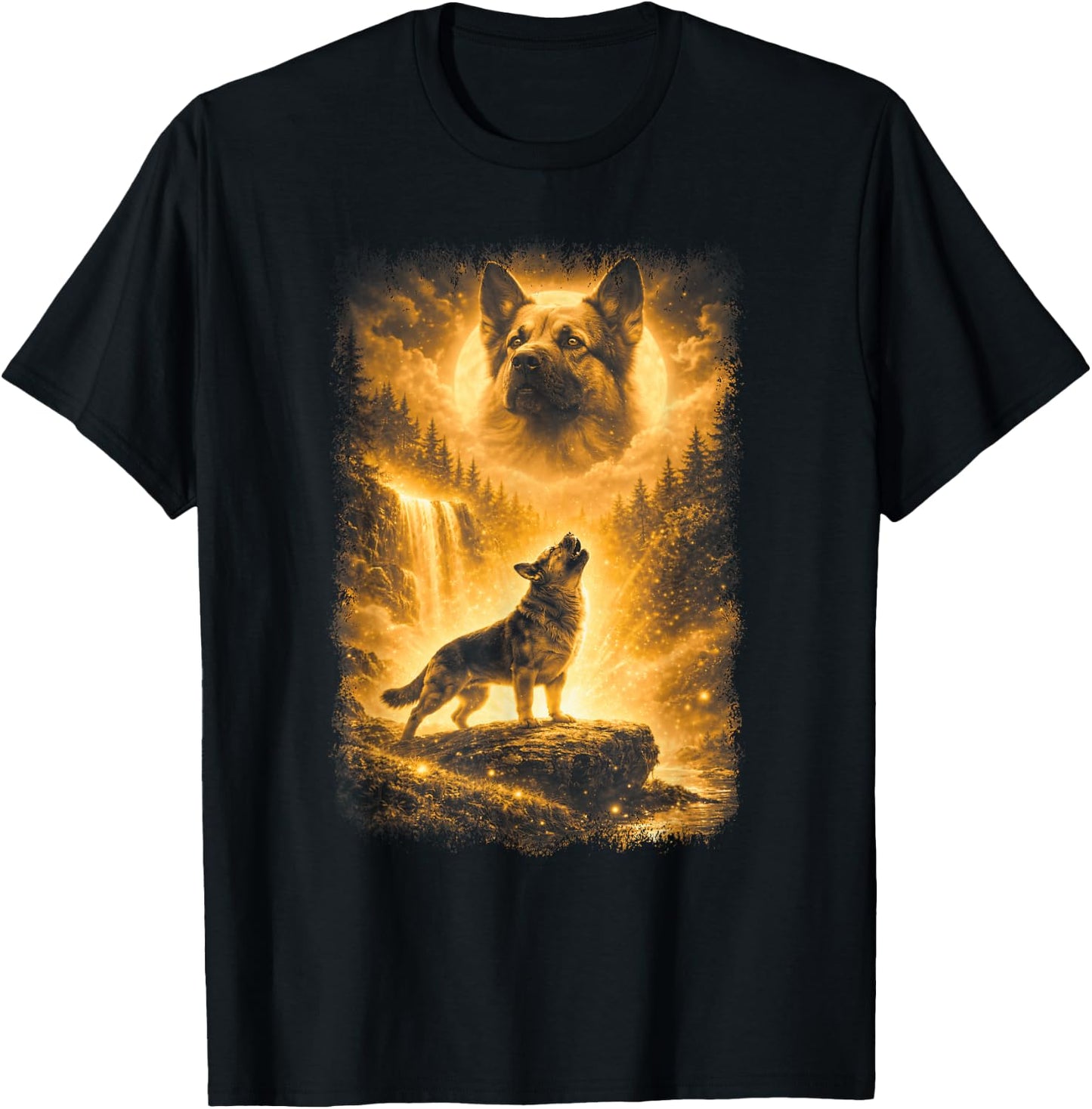 German Shepherd Howling to Moon | German Shepherd Graphic T-Shirt - T-Shirt | Black