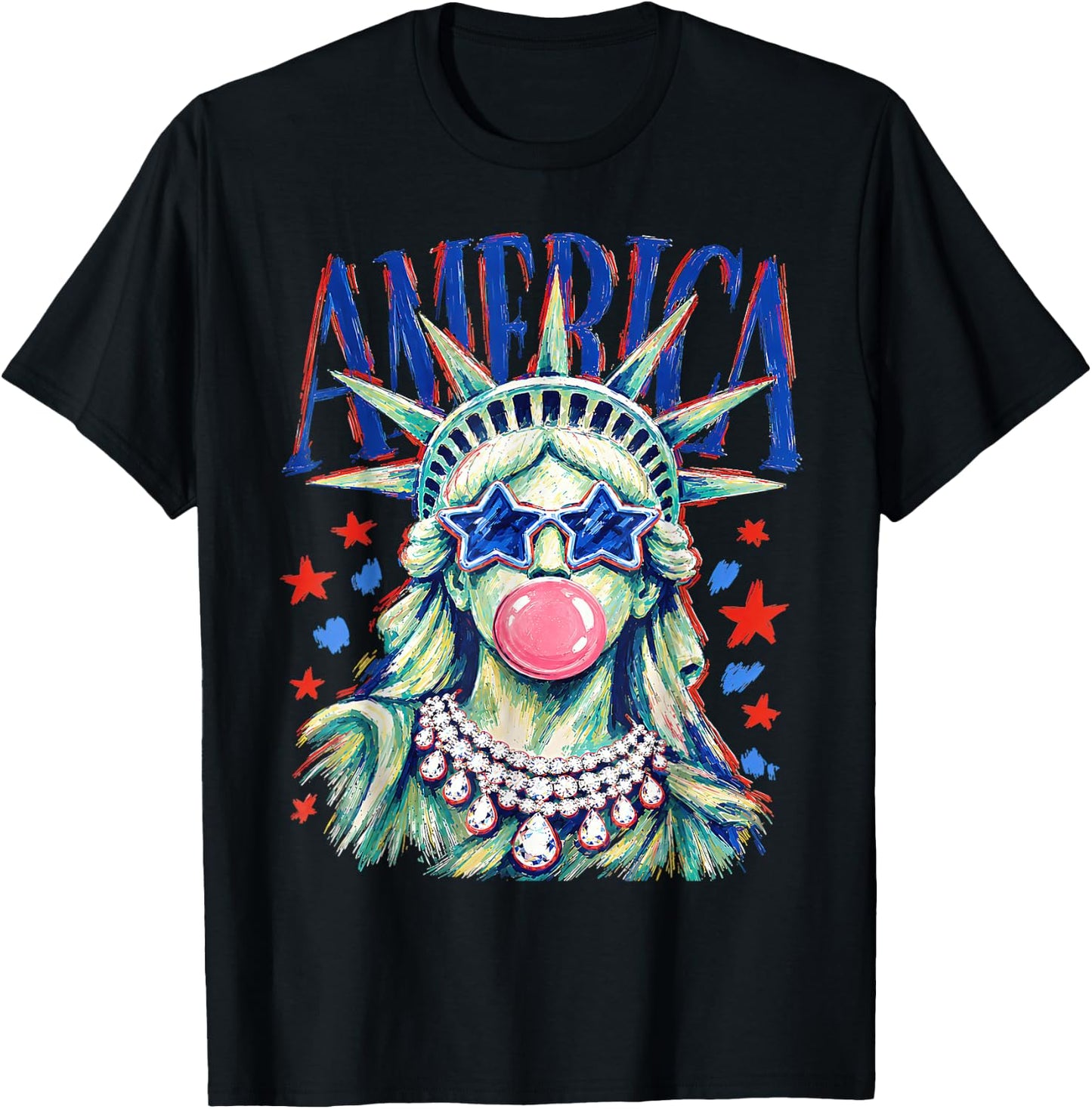 Statue of Liberty Blowing Bubble Preppy Brushstroke USA T-Shirt - T-Shirt | Black