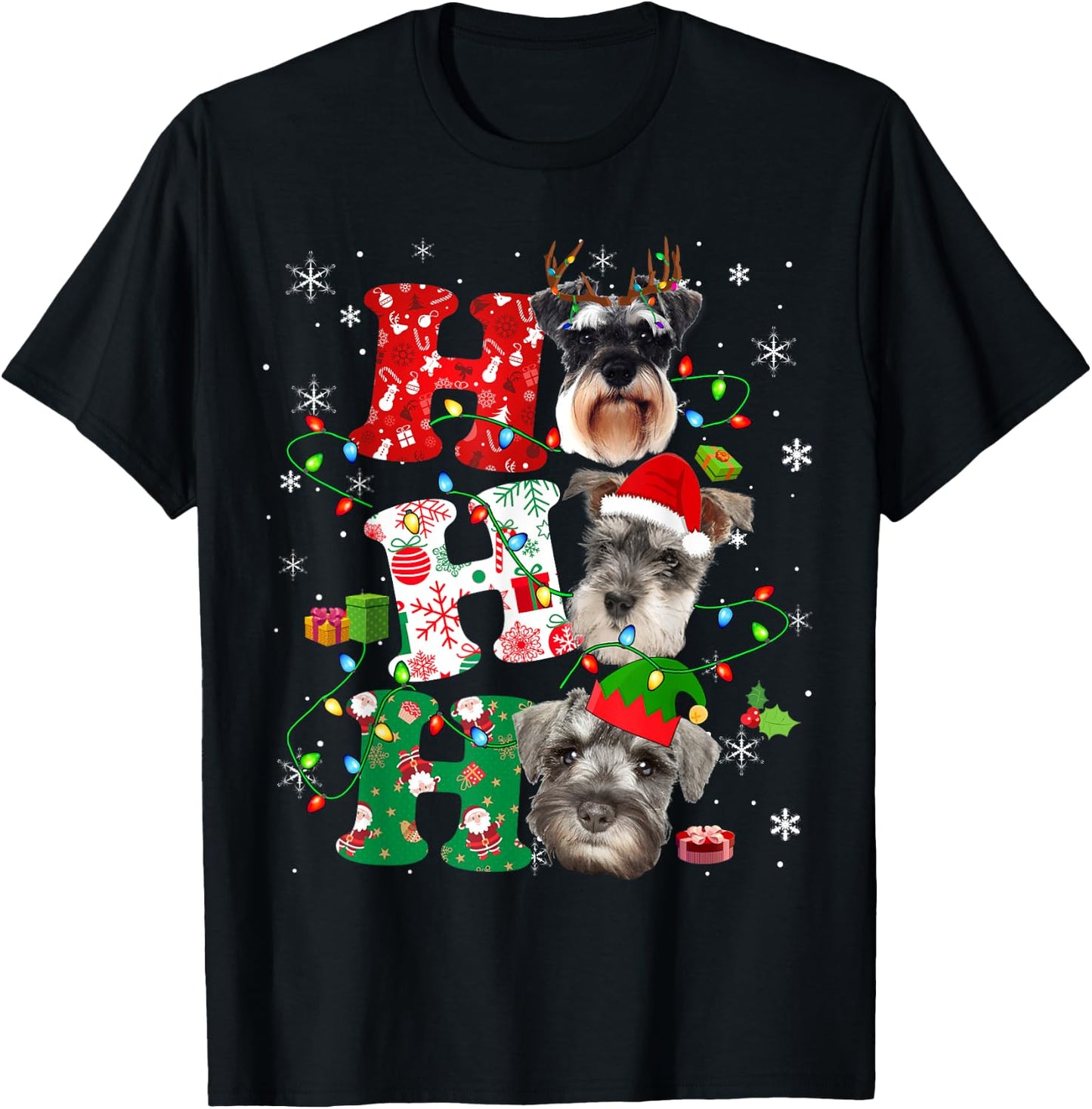 Ho3 Christmas Lights Santa Elf Reindeer Schnauzer T-Shirt - T-Shirt | Black