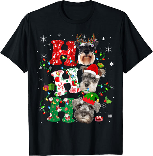 Ho3 Christmas Lights Santa Elf Reindeer Schnauzer T-Shirt - T-Shirt | Black